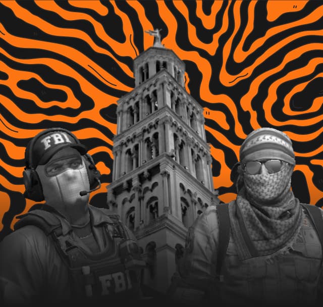 Landing page background image with two CS:GO agents, Saint Domnius Cathedral and an orange abstract background image